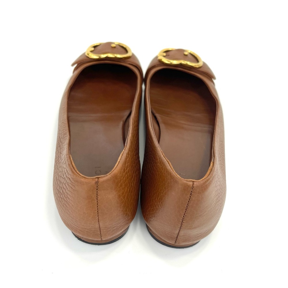 📌SOLD📌 GUCCI 100% AUTHENTIC BROWN LEATHER GOLD INTERLOCKING GG FLATS - Picture 9 of 16